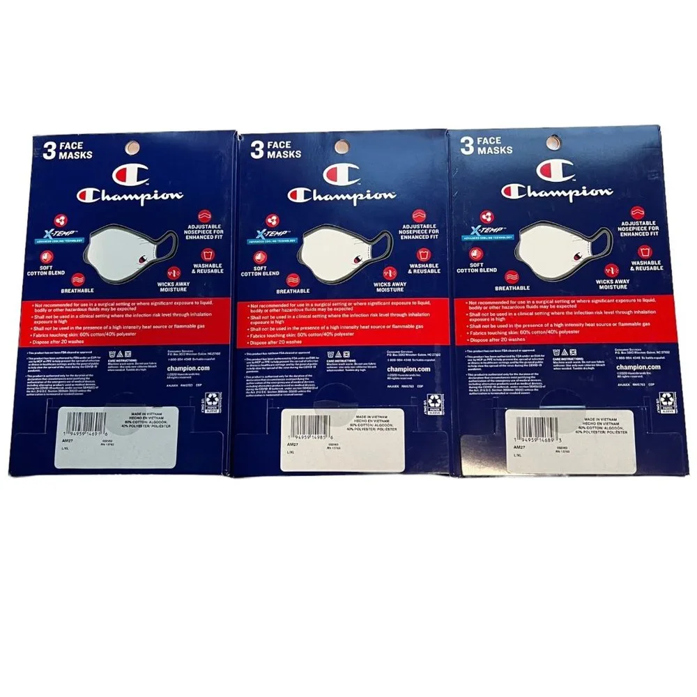 Champion 9 Adult Face Masks 3 Boxes Of‎ 3 Black, Navy, Concrete L/XL Reusable
